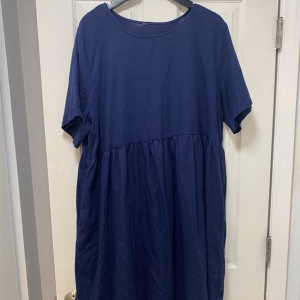 Mordenmiss Cotton Linen Midi Dress - Blue 2XL